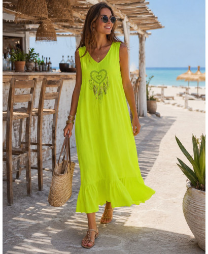 Vestido Largo amarillo flúor  con Bordado de atrapasueños