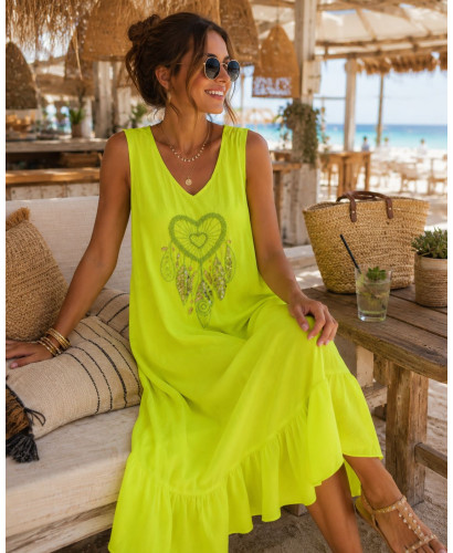 Vestido Largo amarillo flúor  con Bordado de atrapasueños 2