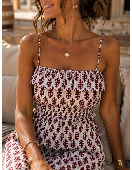Vestido Largo Estampado Burdeos con Nido de Abeja