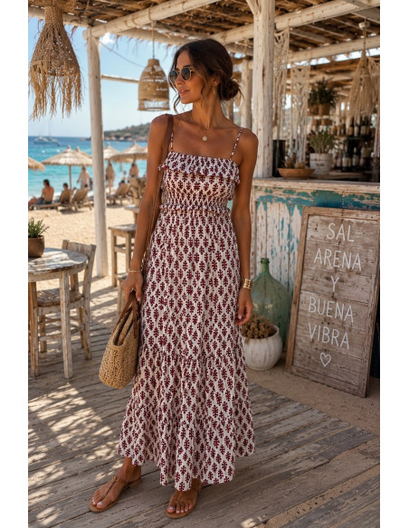 Vestido Largo Estampado Burdeos con Nido de Abeja