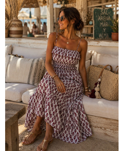 Vestido Largo Estampado Burdeos con Nido de Abeja 2