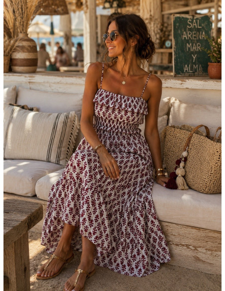 Vestido Largo Estampado Burdeos con Nido de Abeja