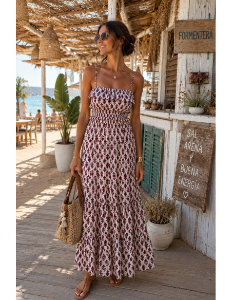 Vestido Largo Estampado Burdeos con Nido de Abeja