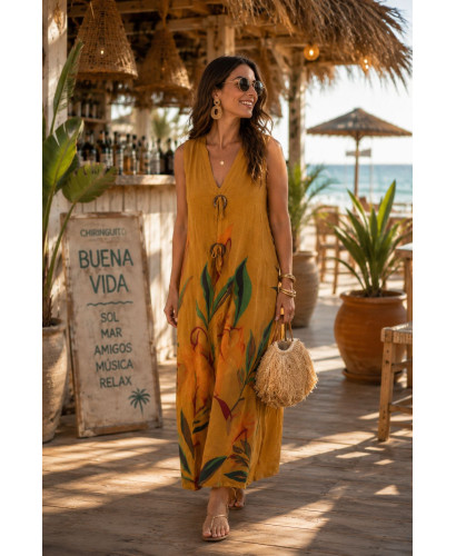 Vestido mostaza lino estampado hojas