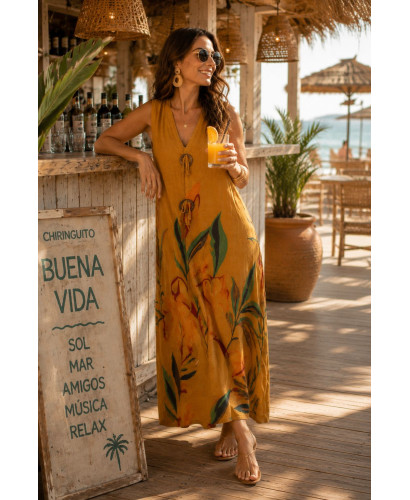 Vestido mostaza lino estampado hojas 2
