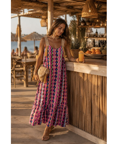 Vestido de Tirantes Bordados con Flecos y Estampado Colorido 2