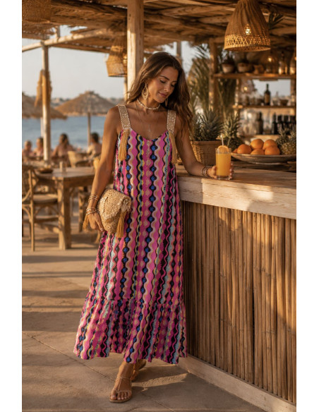 Vestido de Tirantes Bordados con Flecos y Estampado Colorido