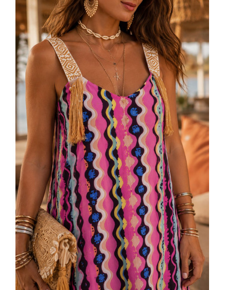 Vestido de Tirantes Bordados con Flecos y Estampado Colorido