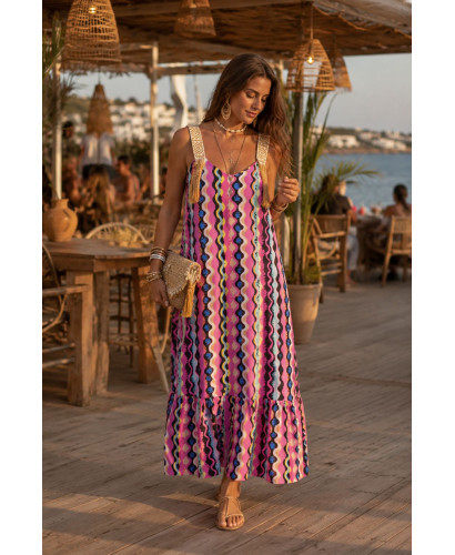 Vestido de Tirantes Bordados con Flecos y Estampado Colorido