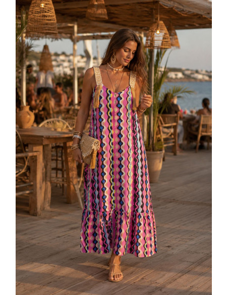 Vestido de Tirantes Bordados con Flecos y Estampado Colorido