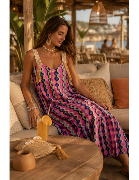 Vestido de Tirantes Bordados con Flecos y Estampado Colorido