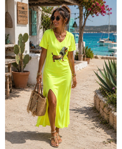 Vestido amarillo efecto lavado con escote pico y...