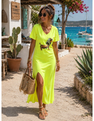 Vestido amarillo efecto lavado con escote pico...