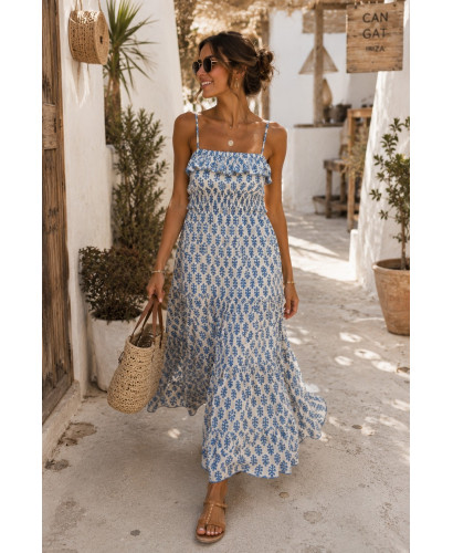 Vestido Largo Estampado Celeste con Nido de Abeja