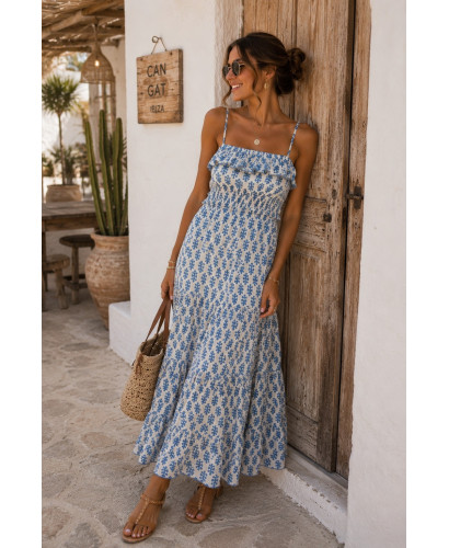 Vestido Largo Estampado Celeste con Nido de Abeja 2