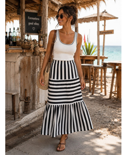 Falda Larga de Rayas Blanco y Negro con Cintura Elástica 2