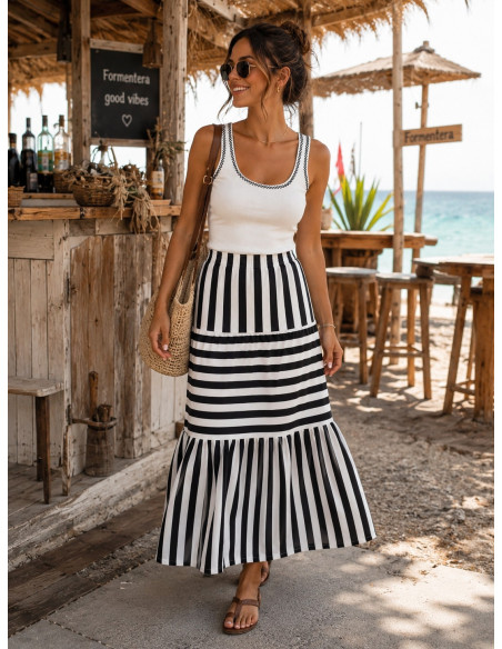 Falda Larga de Rayas Blanco y Negro con Cintura Elástica