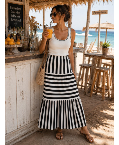 Falda Larga de Rayas Blanco y Negro con Cintura Elástica