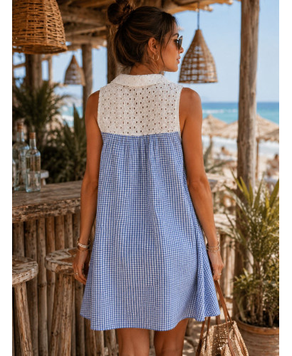 Vestido Corto Camisero con Bordado Inglés y vichy naranja 2