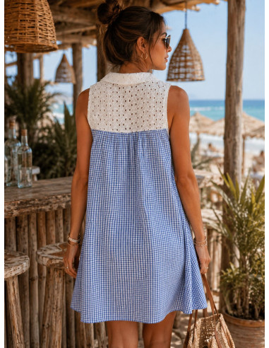 Vestido Corto Camisero con Bordado Inglés y...