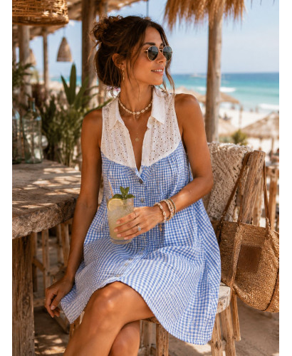 Vestido Corto Camisero con Bordado Inglés y vichy naranja