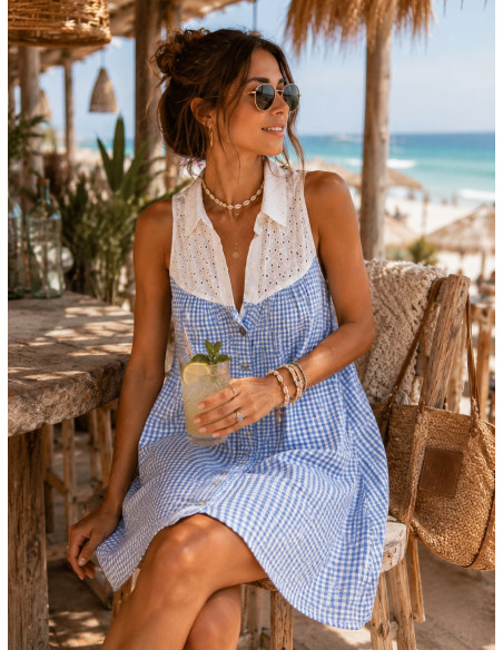 Vestido Corto Camisero con Bordado Inglés y vichy naranja