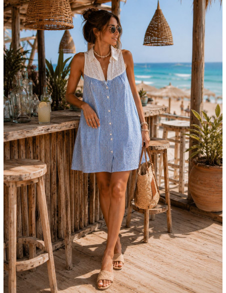 Vestido Corto Camisero con Bordado Inglés y vichy naranja