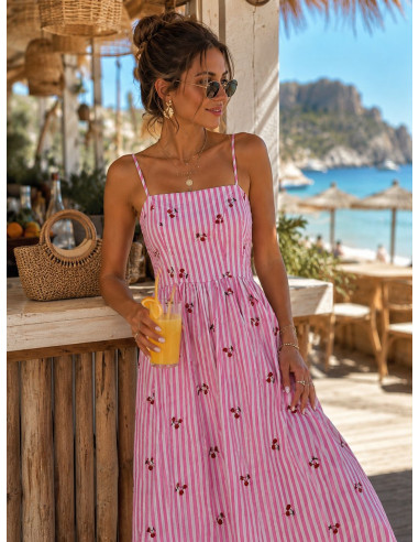 Vestido Midi de Rayas Rosa con Cerezas Bordadas
