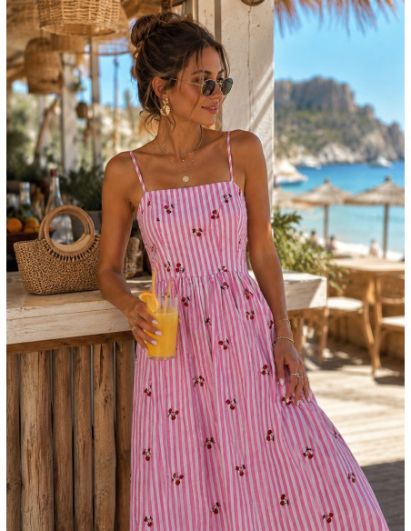 Vestido Midi de Rayas Rosa con Cerezas Bordadas