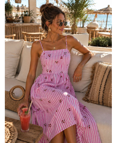 Vestido Midi de Rayas Rosa con Cerezas Bordadas