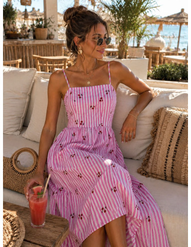 Vestido Midi de Rayas Rosa con Cerezas Bordadas