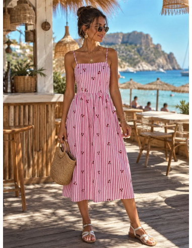 Vestido Midi de Rayas Rosa con Cerezas Bordadas