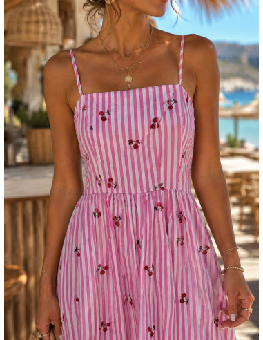Vestido Midi de Rayas Rosa con Cerezas Bordadas
