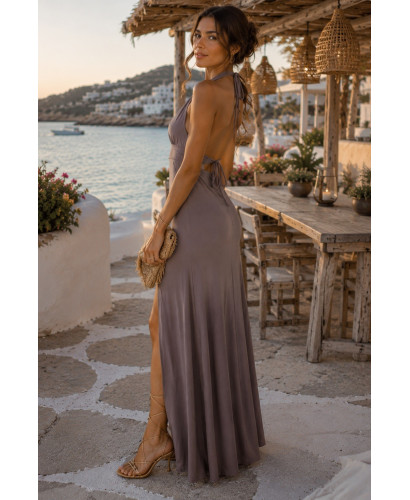 Vestido largo halter taupe con abertura lateral 2