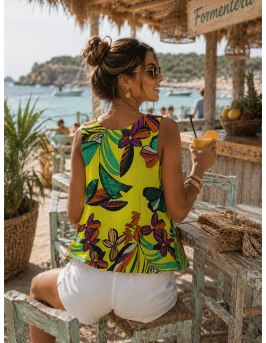 Top Sin Mangas con Estampado Tropical y Escote...