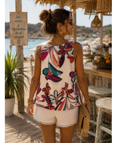 Top Sin Mangas con Estampado Tropical y Escote en Pico... 2