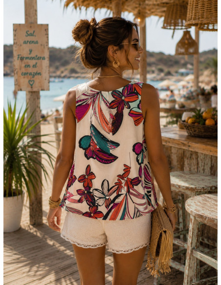 Top Sin Mangas con Estampado Tropical y Escote en Pico blanco
