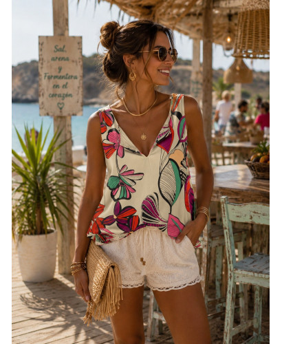 Top Sin Mangas con Estampado Tropical y Escote en Pico...