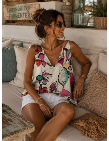 Top Sin Mangas con Estampado Tropical y Escote...