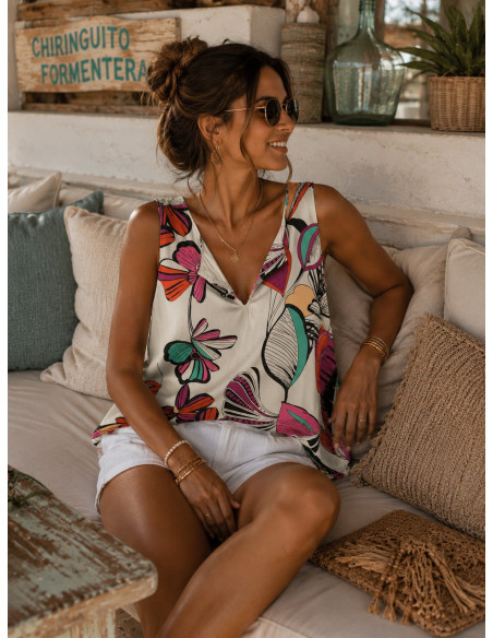 Top Sin Mangas con Estampado Tropical y Escote en Pico blanco
