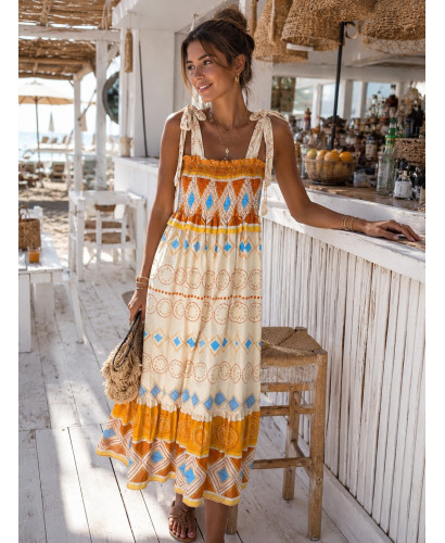 Vestido Largo Boho Crudo con Estampado Naranja y Celeste