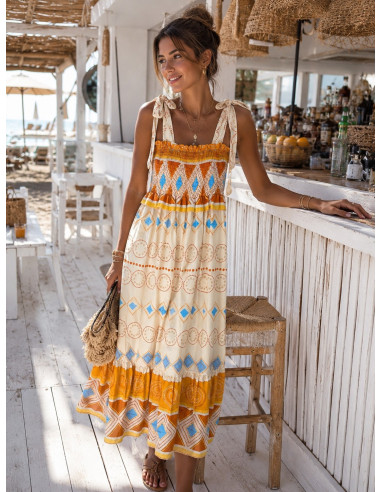Vestido Largo Boho Crudo con Estampado Naranja...