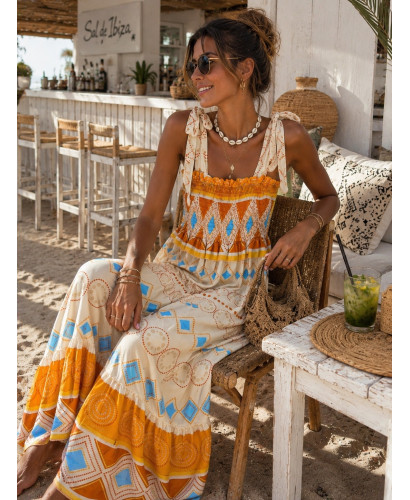 Vestido Largo Boho Crudo con Estampado Naranja y Celeste 2