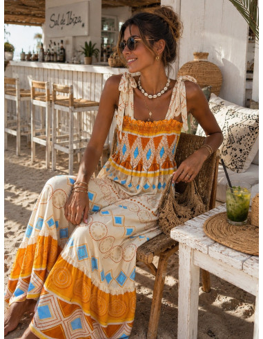 Vestido Largo Boho Crudo con Estampado Naranja...