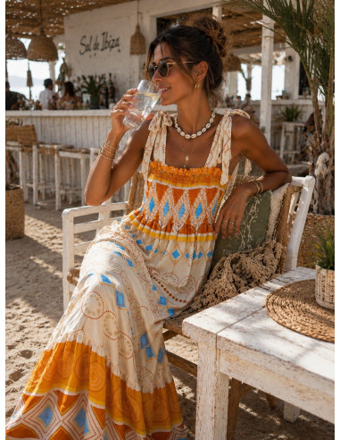 Vestido Largo Boho Crudo con Estampado Naranja...