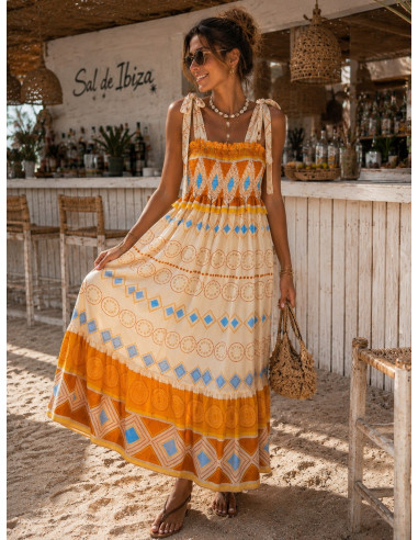 Vestido Largo Boho Crudo con Estampado Naranja...