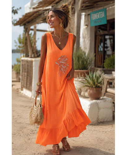 🧡 Vestido Largo Naranja con Bordado de Cabeza India