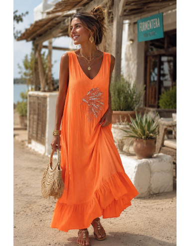 🧡 Vestido Largo Naranja con Bordado de Cabeza...
