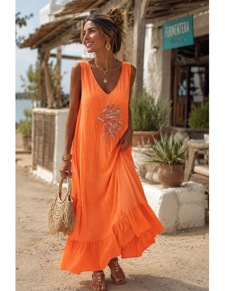 🧡 Vestido Largo Naranja con Bordado de Cabeza India