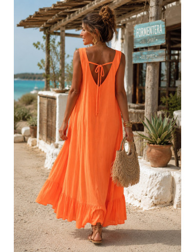 🧡 Vestido Largo Naranja con Bordado de Cabeza...